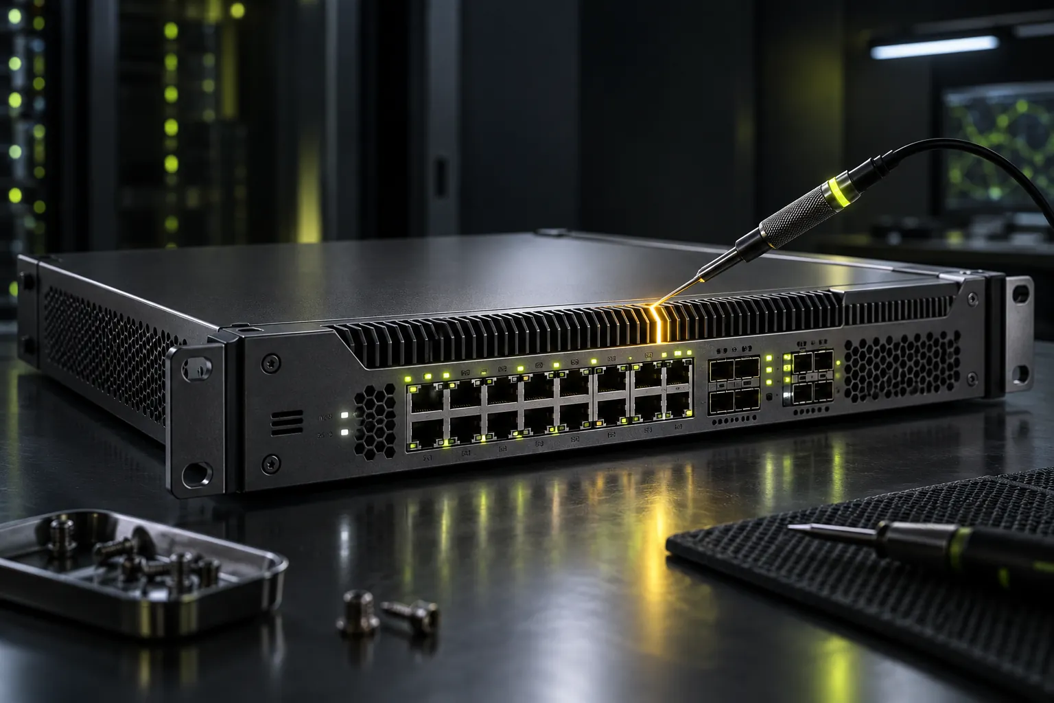 Symbolische Netzwerk-Firewall bei einer Sicherheitsprüfung; keine Aufnahme eines konkreten Fortinet-Modells.