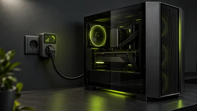 Symbolmotiv: Desktop-PC mit vorgeschaltetem Strommessgerät in Graphit und Lime.
